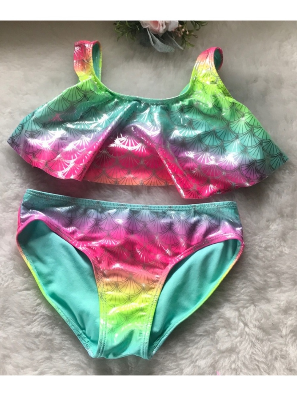 wonder nation Girls sz L 2 piece swimsuit neon rainbow silver mermaid shell